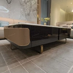 White Marble-Top Coffee Table with Cream Woven Leather Sides and Dark Glossy Frame